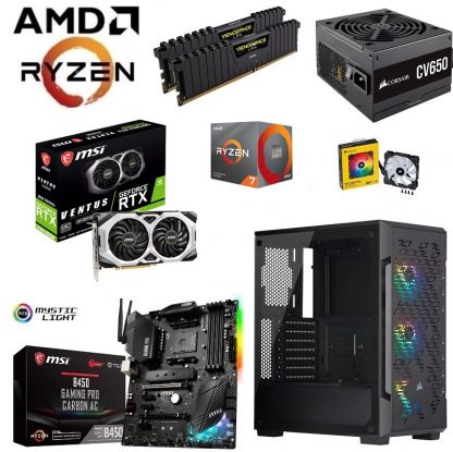 AMD Ryzen 7 3700X 8 Core 16 Thread CPU – MSI RTX 2060 SUPER VENTUS GP OC 8GB GDDR6 GPU – MSI B450 GAMING PRO CARBON AC – Corsair iCUE 220T ARGB Airflow Case – Corsair 16GB Vengeance LPX 3600MHz RAM – 1TB M.2 PCIe NVMe SSD