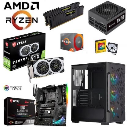 AMD Ryzen 7 3800X 8 Core 16 Thread CPU – MSI RTX 2070 SUPER VENTUS OC 8GB GDDR6 GPU – MSI B450 GAMING PRO CARBON AC – Corsair iCUE 220T ARGB Airflow Case – Corsair 16GB Vengeance LPX 3600MHz RAM – 1TB M.2 PCIe NVMe SSD